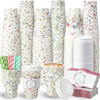 Jingmore 48 Sets 16oz Disposable Paper Coffee Cups with Lids Sleeves Straws Holiday Paper Drinking Cups Bulk for Hot Cold Beverages Home Business Cafe Birthday Party Supplies (Boho Flowers) by Jingmore