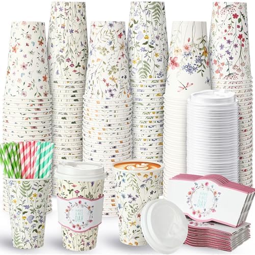 Jingmore 48 Sets 16oz Disposable Paper Coffee Cups with Lids Sleeves Straws Holiday Paper Drinking Cups Bulk for Hot Cold Beverages Home Business Cafe Birthday Party Supplies (Boho Flowers) by Jingmore