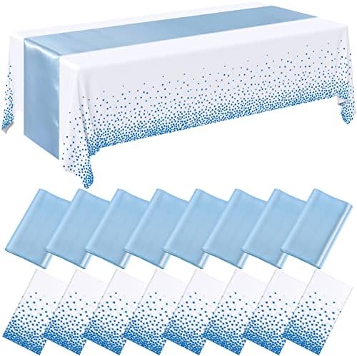 Tudomro 16 Pack White and Light Blue Plastic Tablecloths Satin Runner Set by Tudomro