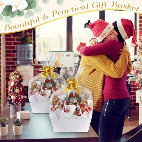 Fuyoooo 8 Pack White Basket for Gifts Empty to Fill, 10" x 8" Thick Sturdy Kraft Scalloped Edge Gift Basket with Handle, 8 Wrap Bag 8 Bow 16 Tissue Paper for Christmas Wedding Birthday Wrapping Gift - Image 4