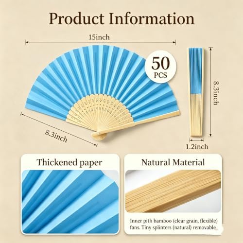 Paper Hand Fans, 8.3 Inch Foldable Handheld Fans for Wedding Favors, Party Decorations, Bridal Shower, Baby Shower, Summer Cooling, Decoration Fan(Blue-50) - Image 3