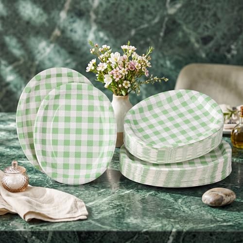 Pajean 350 Pcs Gingham Paper Plates and Napkins, Green White - Image 5