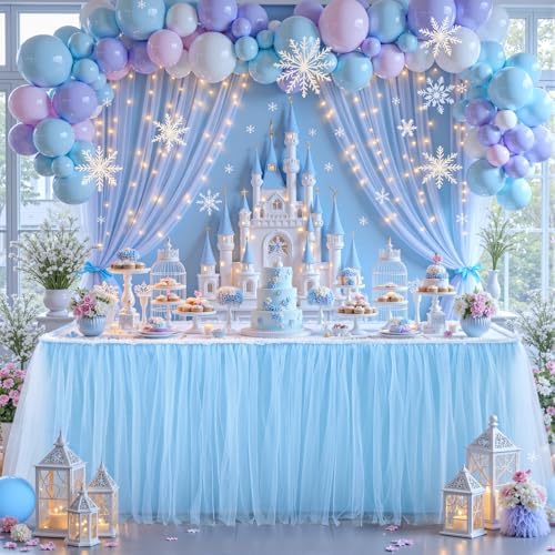 21FT Long Blue Tulle Table Skirt for Rectangle Round Tables 3-Layer Ruffle Desk Teacher Skirt for Back to School Supplies Princess Girls Birthday Party Cake Dessert Classroom Dorm Decor by Partisky