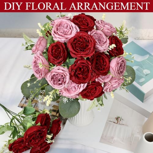 24 Bundles Peonies Artificial Flowers Bulk, Dusty Pink & Burgundy - Image 4