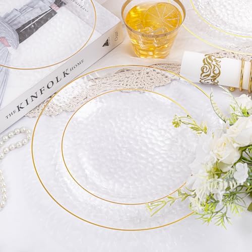 Rubtlamp 175 Pcs Plastic Dinnerware Set (25 Guests), Clear And Gold Plastic Plates, Hammered Party Plates Include Dinner Platos, Dessert Platos, Cups, Gold Cutlery Set And Napkins for Party - Image 5