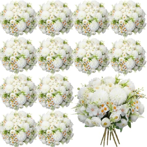 Tigeen 12 Bundles Peonies Artificial Flowers Faux Roses, Pure White by Tigeen