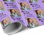 Personalized Gift Wrap Paper with Picture, Happy Birthday with Name Photo Purple Custom Photo Gift Wrapping Paper Roll for Boys Girls Kids Baby Shower Anniversary 58x23 3 Rolls - Image 3