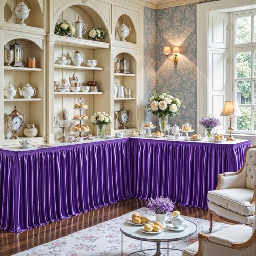 21ft Length Purple Satin Table Skirt for Rectangle Tables, Wrinkle Resistant Pleated Ruffle Table Cloth Glitter Desk Skirting for Weddings Banquet Birthday Party Bridal Shower Stage Decorations - Image 6