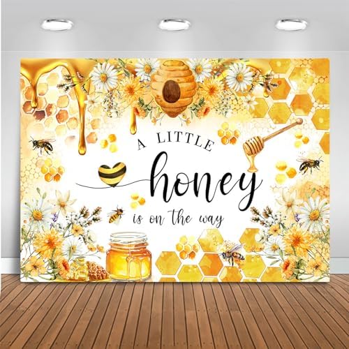 Mocsicka Bee Baby Shower Backdrop - A Little Honey is on The Way Baby Party Decorations Banner - Honeycomb Bumble Bee Photography Background (Yellow, 10x8ft(120"x96")) by Mocsicka