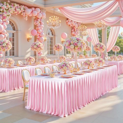 6 Packs Pink Satin Tablecloths Rectangle 6FT,Glitter Spandex Fitted Stretch Table Covers Wrinkle-Resistant Floor Length Shimmer Pleated Table Skirt for Wedding Parties Baby Shower Banquets - Image 5