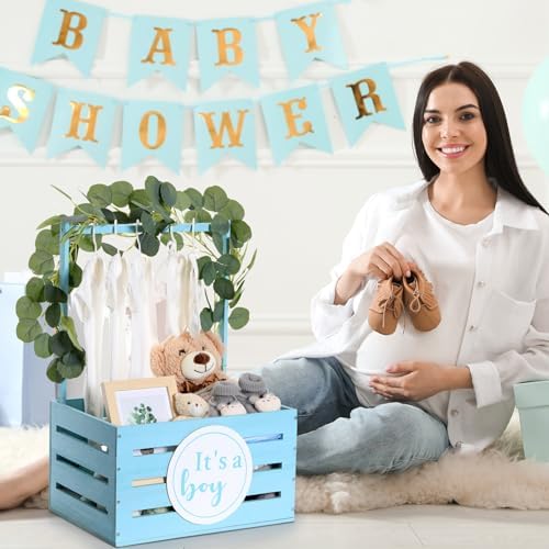 Barydat Wooden Baby Shower Basket Gender Reveal Crate Closet, Blue, Boy - Image 6