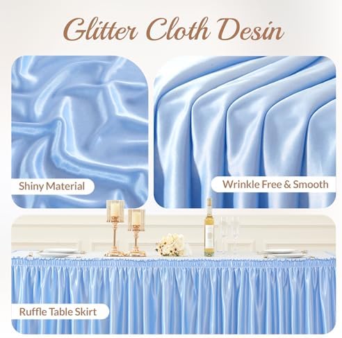 17ft Length Blue Satin Table Skirt Rectangle Tables-Wrinkle Resistant Ruffle Table Skirting Glitter Desk Cover Skirt for Baby Shower Birthday Party Ocean Shark Gender Reveal Cake Table Decorations - Image 6