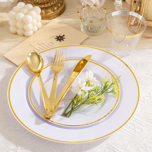SUT 350 Pcs Gold and White Plastic Dinnerware Set for 50 Guests, Include: 50 Dinner Plates, 50 Dessert Plates, 50 Pre Rolled Napkins With Silverware, 50 Cups, Disposable Plates for Party, Wedding - Image 7