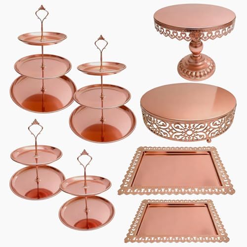 8 Pcs Cake Stands Set Metal Dessert Table Display Tiered Cupcake Holder Candy Donut Fruit Plate Cake Serving Tray Candlestick Display Treats Serving Tower for Wedding Birthday Party Decor (Rose Gold) - Image 2