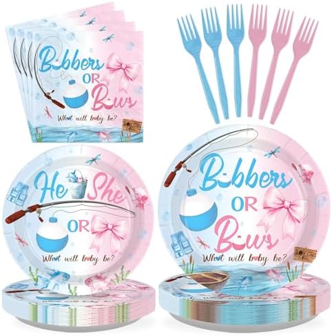 96Pcs Bobbers or Bows Gender Reveal Party Decorations, Serves 24 by Greencian