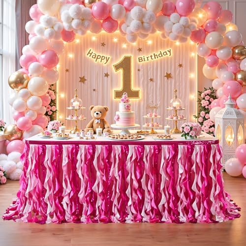 Wish Care 6ft Pink Sequin Table Skirt for Rectangle Tables Glitter Curly Willow Fuchsia Tutu Skirt Ruffle Table Cloth Desk Skirts for Princess Girls Birthday Baby Shower Party Cake Table Decorations - Image 2