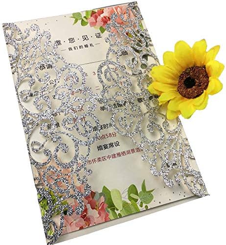 50 Sets 250GSM Silver Glitter Laser Cut Wedding Invitations Cards With Envelopes Inserts Birthday Greeting invites cards Bridal Shower 5X7 - Image 2