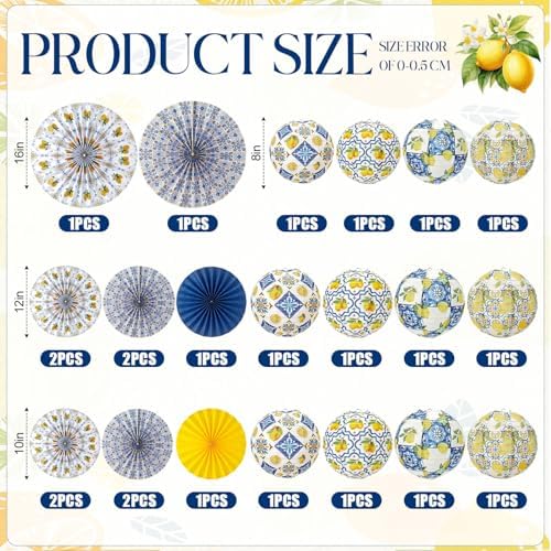 Baquler 24 Pcs Capri Lemon Party Decor Amalfi Coast Mediterranean Blue Yellow Lemon Decor with 12 Paper Lanterns and 12 Hanging Fans for Birthday Bridal Shower Baby Shower Italian Summer Party Wedding - Image 2