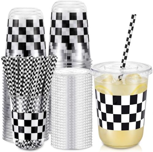 LemonRoad 50sets 16oz Checkered Cups Race Car Birthday Party Decorations Supplies Plastic Cups Disposable with Lids and Straws for Racing Themed Party Christmas Birthday Wedding Baby Shower Decoration by Unknown
