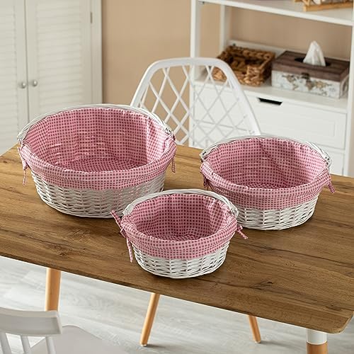 WICKERWISE Traditional White Round Willow Gift Basket with Pink and White Gingham Liner and Sturdy Foldable Handles, Food Snacks Storage Basket, Set of 3 - Image 5