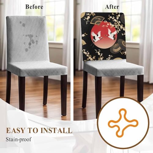 Cherry Blossom Chair Back Covers for Dining Chairs 8 Pack, Harmony Crane Red Moon Paper Fan Washable Removable Chair Slipcover Back Chairs Protector for Wedding Baby Shower Party - Image 6