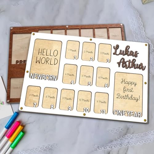 Personalized My First Year Photo Frame | 12 Months Picture Frame For Baby First Year | Displays Two 4x6 Photo and Eleven 2x3 Pictures | Birthday Party Decor Newborn Memory Keepsake, Style MP1 - Image 3