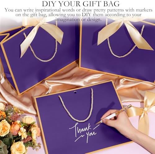 Silkfly 24 Pcs Paper Gift Bags with Handles & Bow Ribbon, Purple, Gold - Image 4