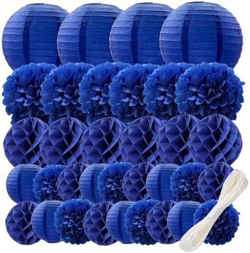 WOLHOWLTD Navy Blue Paper Decoration Set - 34 Pcs Paper Lanterns, Pompoms, Honeycomb for Wedding,Ocean Theme, EID Mubarak,School Day,Baby Shower, Birthday Party Classroom,Home Decoration (Navy Blue) by Unknown