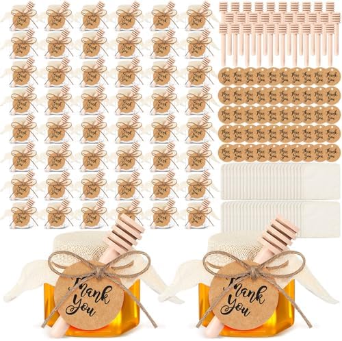 Funnymoom 50 Set 2.5oz Plastic Mini Honey Jars with Wooden Dipper and Muslin Cloth Covers Honey Jars with Gold Lids Hang Tags Decorative Jute Rope for Wedding Birthday Party (Classic) by Funnymoom