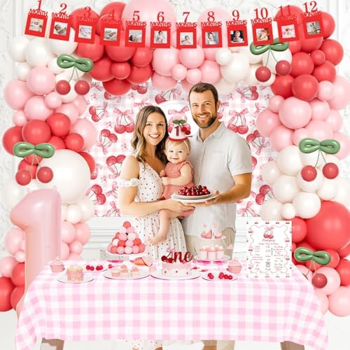 Hombae Cherry First Birthday Decorations – 125 PCs Cherry Themed 1st Birthday Party Supplies with Backdrop, Balloon Garland, Banner, Balloon Boxes, Number 1 Foil Balloon, Cake Topper - Image 6