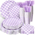Funnymoom 400 Pcs Gingham Party Supplies for 50 Guests Purple and White Paper Plates and Napkins Knives Spoons Forks Cups Disposable Checkered Dinner Party Set Cutlery for Baby Shower Wedding Favor by Funnymoom