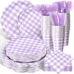 Funnymoom 400 Pcs Gingham Party Supplies for 50 Guests Purple and White Paper Plates and Napkins Knives Spoons Forks Cups Disposable Checkered Dinner Party Set Cutlery for Baby Shower Wedding Favor by Funnymoom