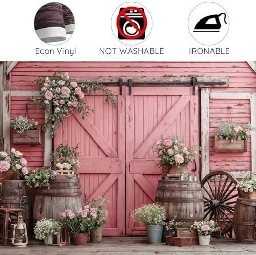 9x6ft Country Wedding Photography Backdrop Rustic Barn Door Photography Backdrop Farmhouse Pink Flower Cabin Wooden Birthday Baby Shower Wedding Bridal Party Banner Photo Booth Props Background - Image 6