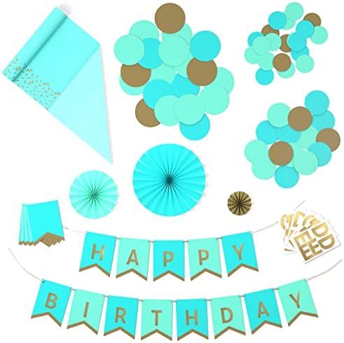 Hallmark Crayola Hallmark Color Pop Party Decorations Set - Aquamarine Blue and Gold (Customizable Banner, Reversible Table Runner, Paper Fan Flowers, Paper Dots) for Birthdays, Baby Showers, Holidays by Hallmark