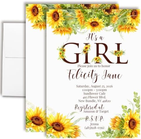 Amanda Creation Sunflower Baby Shower Invitations for Girl, It's a Girl Floral Design, Personalized Baby Shower Invitations, 20 Personalized 5x7 Double-Sided Cards with White Envelopes, Made in USA by AmandaCreation
