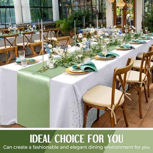 Tudomro 16 Pack White and Sage Green Plastic Tablecloths Satin Runner Set - Image 6