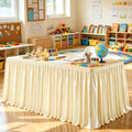 Wish Care 17ft Champagne Satin Long Table Skirt for Rectangle Tables Wrinkle Free Teacher Desk Skirt Glitter Ruffle Table Skirting Cloth for Back to School Classroom Office Birthday Party Table Decor by WishCare