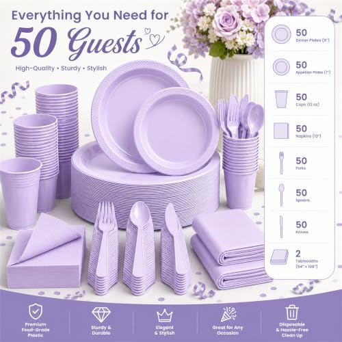 Tinybee 352 Pcs Lilac Plastic Plates, Disposable Dinnerware Set for 50 - Image 2