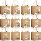 Sweetude 12 Pack Easter Bunny Burlap Bags with Tags Easter Reusable Treat Bags with Handles Jute Linen Tote Candy Gift Wrapping for Spring Party Favors Supplies (Cute) by Sweetude