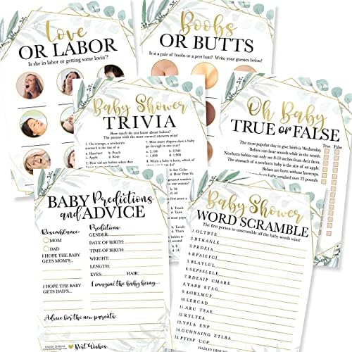 Hadley Designs 50 Greenery Baby Prediction And Advice Cards, Trivia Games, etc, 25 Love or Labor, Boobs Or Baby Butts Game - 6 Double Sided Cards Baby Shower Games Funny, Baby Shower Party Supplies by HadleyDesigns