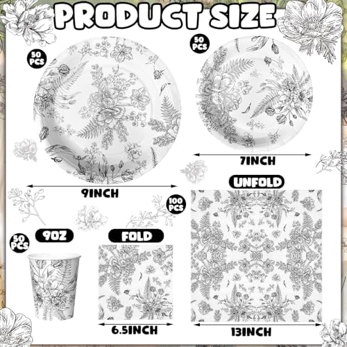 Dandat 250 Pcs Black Disposable Plates and Napkins Floral Tableware Set for 50 Guests Disposable Plates Napkins Cups for Wedding Baby Bridal Shower Party Supplies (Vintage) - Image 3