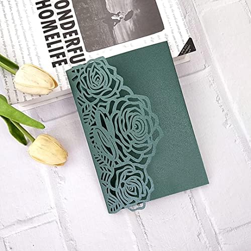 50sets Green Laser Cut Wedding Invitations Card Rose Greeting Cards Envelopes Invitation for Wedding Birthday Baby Graduation Party Supplies (Only invitation cards, Green) - Image 5