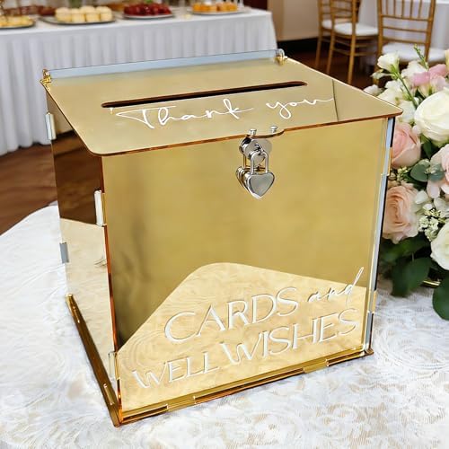 Acrylic Gold Card Box with Lock & Slot, Metallic Golden Classy Wedding Card Boxes for Reception, Luxury Money Gift Cards Box for Party Engagement Bridal Shower Luxury Wedding Table Decor - Image 4
