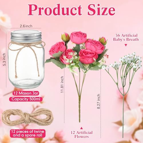 Zeyune 12 Sets Mason Jar Flowers Centerpiece Table Decorations,Hot Pink - Image 4