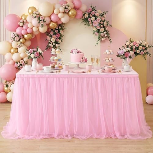 9ft Pink Tulle Table Skirts for Rectangle or Round Tables - Ruffle Tulle Tutu Cloth Table Skirt Party Tablecloth for Wedding Baby Shower Dessert Buffet Banquet Table Decorations by QueenDream