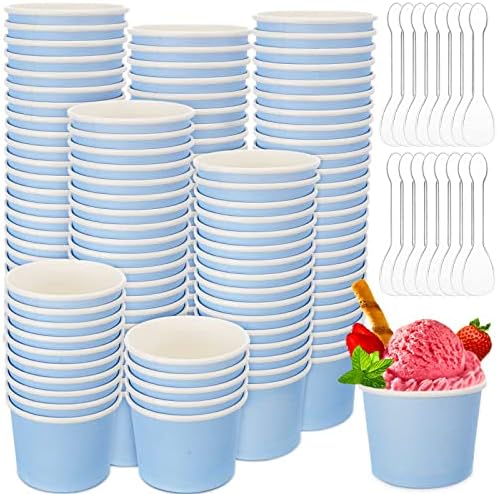 Cunhill 100 Pieces 8 oz Ice Cream Cups with 100 Pieces Spoons Ice Cream Containers Solid Color Disposable Sundae Cups Yogurt Dessert Bowls Party Supplies for Baby Shower Birthday Party (Blue) by Cunhill