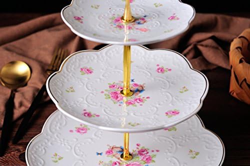 Jusalpha Embossed 3-tier Ceramic Cake Stand- Cupcake Stand with Golden Rim - Image 6