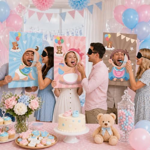Cinrobiye 6 Set Baby Shower Games Kit Feed the Baby Shower Game with Pacifier Fishing Game, Balloon Baby Bump Limbo Challenge, Blindfold Team Party Activities for Gender Reveal Baby Shower - Image 4