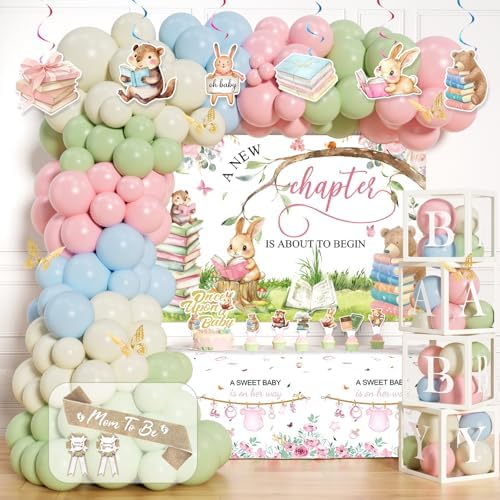 Party Inspo A New Chapter Begins Baby Shower Decorations, Storybook Baby Shower Decorations for Girl - Book Theme Party Supplies with Backdrop, Balloon Garland, Boxes, Tablecloth, Mom to Be Sash by Unknown
