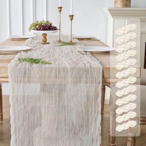 12 Pack Cream White Cheesecloth Table Runners, 120 Inch 10Ft Ivory Gauze Table Runner for Wedding Birthday Party Baby Shower Decorations by YARGEZON